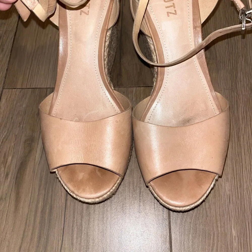 Schutz Tan Leather Espadrille Wedge Sandals With Ankle Strap size 9 Womens